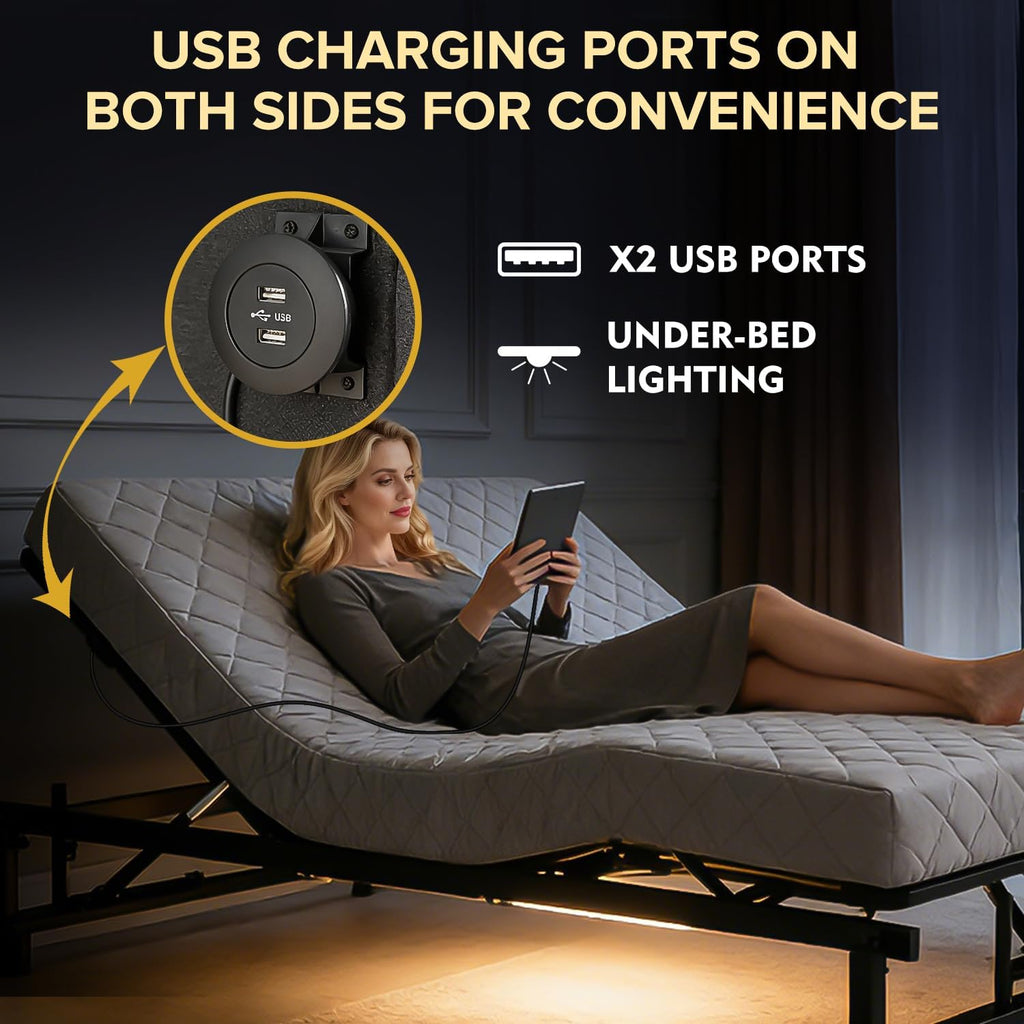 King Size Adjustable Bed Base Frame - Zero Gravity, Quiet Motor, Head & Foot Incline - 4 USB Ports, Under-Bed