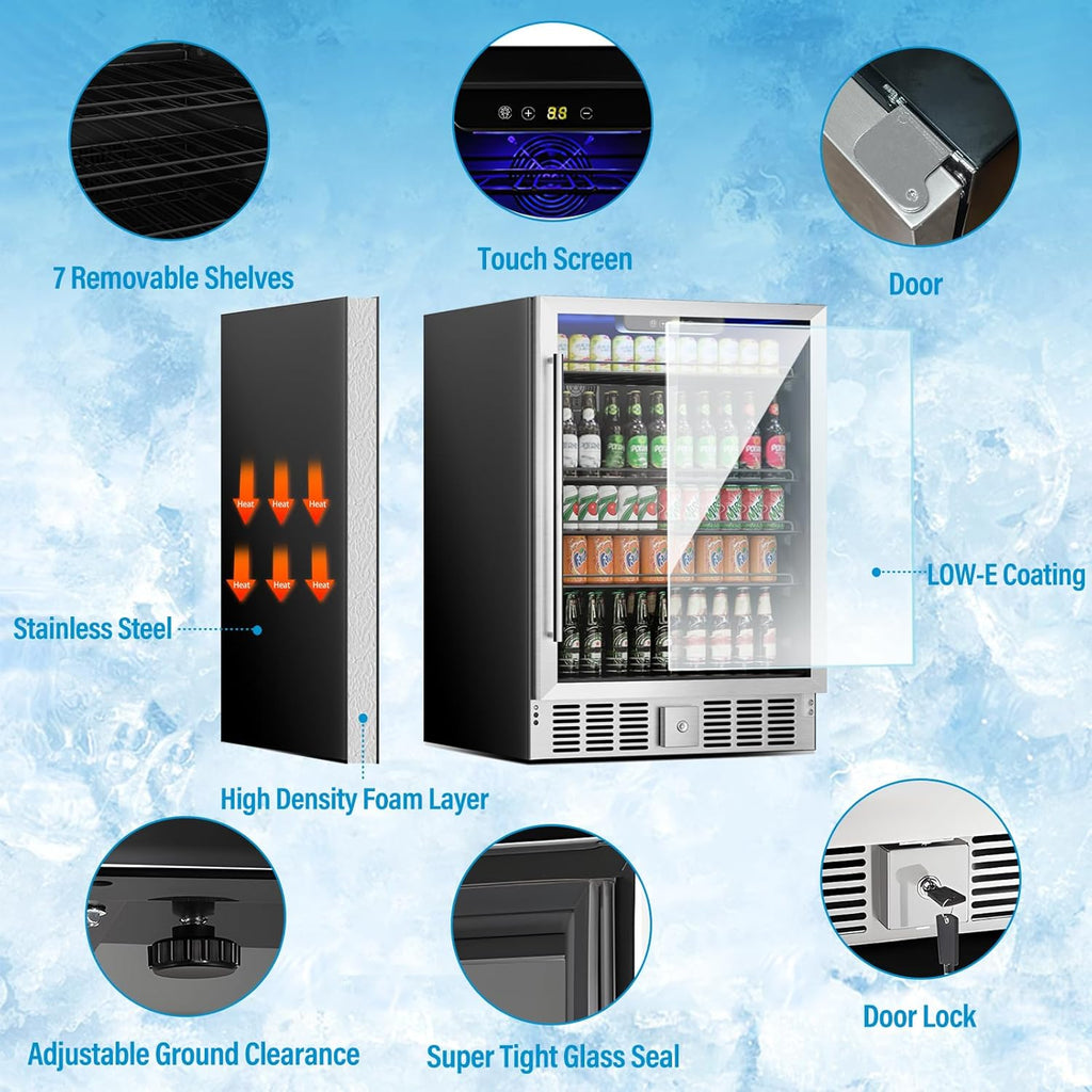 24 inch Beverage Refrigerator Cooler, 5.3 Cubic/166 Can Large Fridge with Glass 