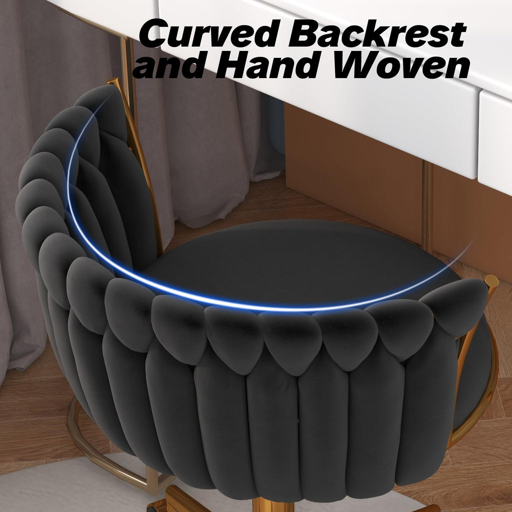 Velvet Woven Home Swivel Vanity Desk Chair with Gold Base, Black