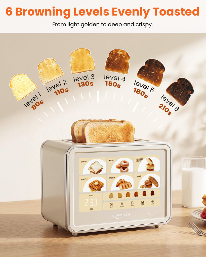 2 Slice Toaster, Smart Touch Screen Cream Toaster with Wide Slot