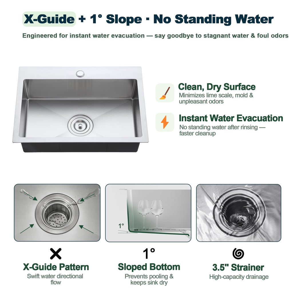 22 x 16 inch Kitchen Sink, Drop-in Tight Radius Brushed Stainless Steel Topmount Kitchen Sink Single Bowl
