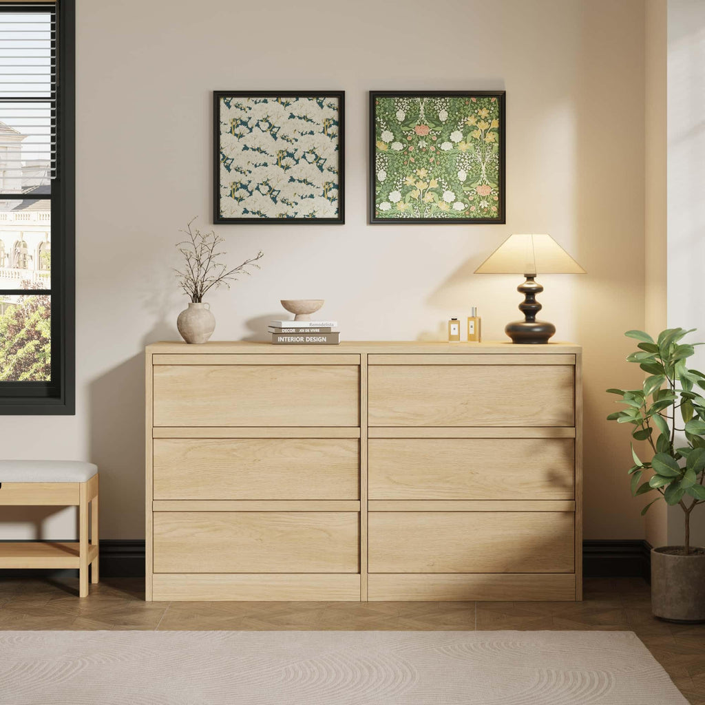 6 Dresser, 46.7" Wide Dresser, Freestanding Horizontal Drawer with Storage, Wooden Closet Chest Storage, Natural Oak