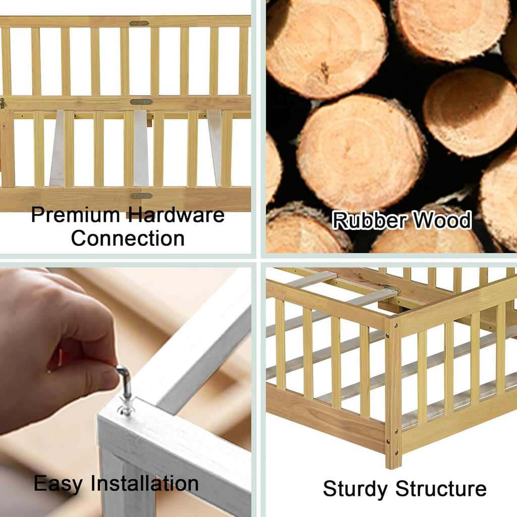 Floor Bed for Kids, Montessori Bed Frame with Door, Low Beds with Rail for Boys and Girls, No Box Spring