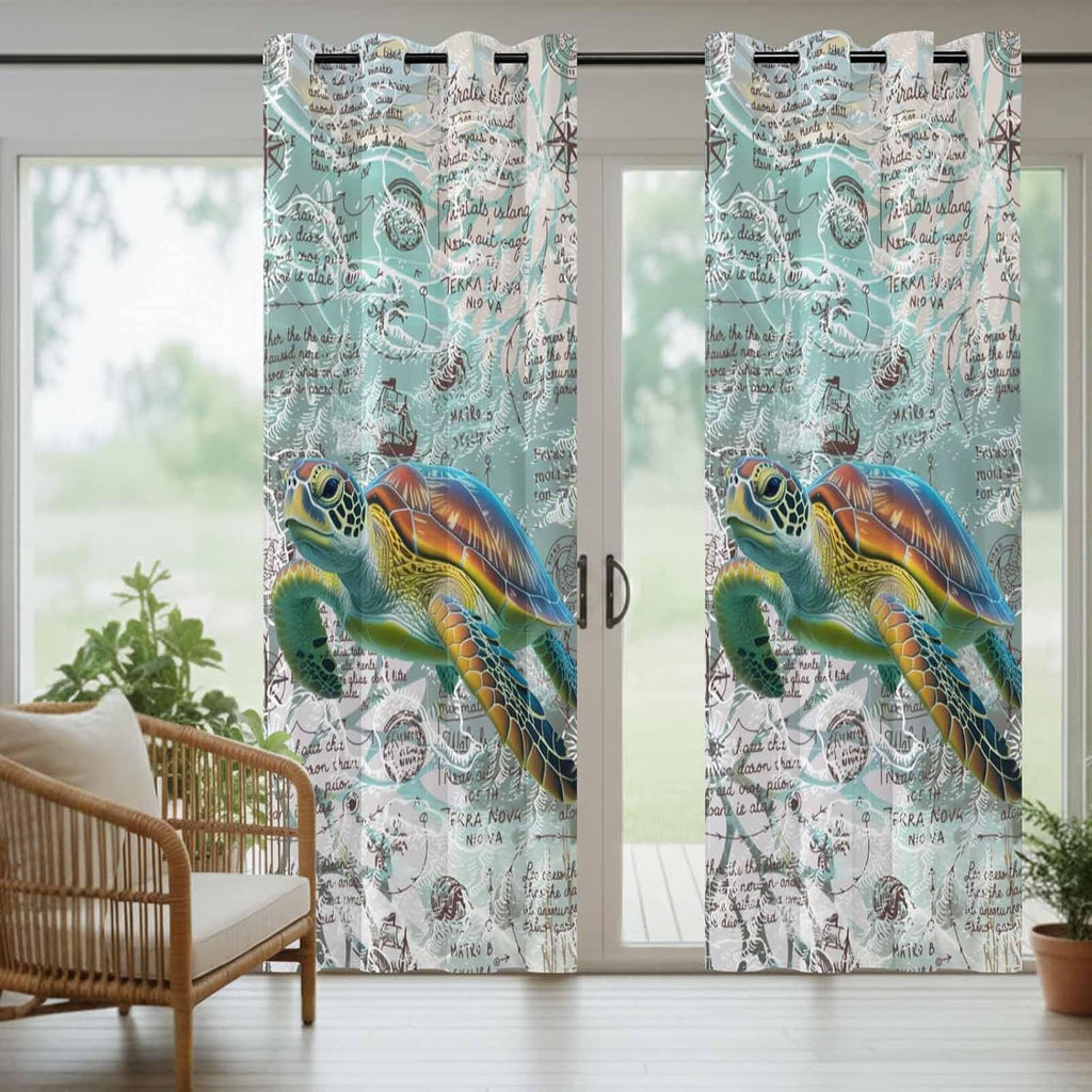 Ocean Waterproof Outdoor Curtains Clearance Retro Nautical Turtle Windproof Drapes with Weighted Hem & Tiebacks