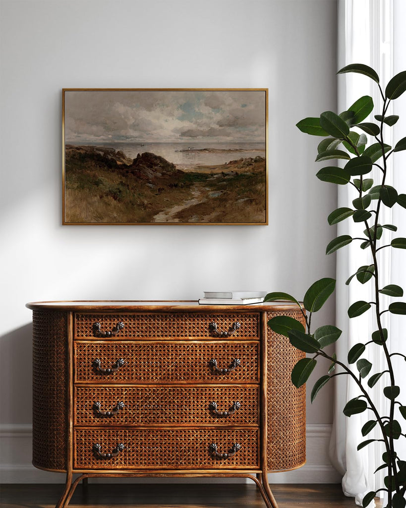 Golden Framed Vintage Canvas Wall Art A Bit of Massachusetts Coast Coastal Beach and Clouds Seascape 24x36 inch