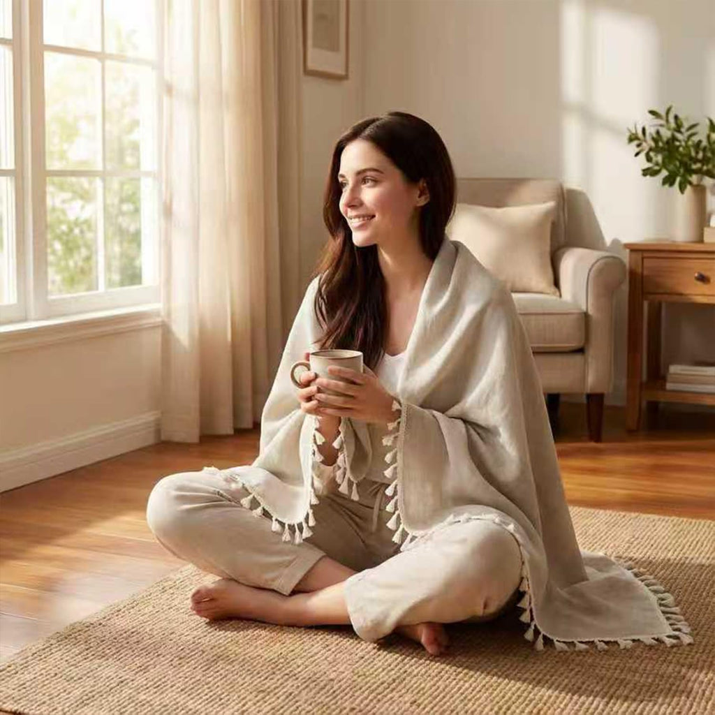 100% Linen Throw Blanket 53x60 Inch, Lightweight Boho Decorative Blanket for Couch Bed Sofa, French Country Style