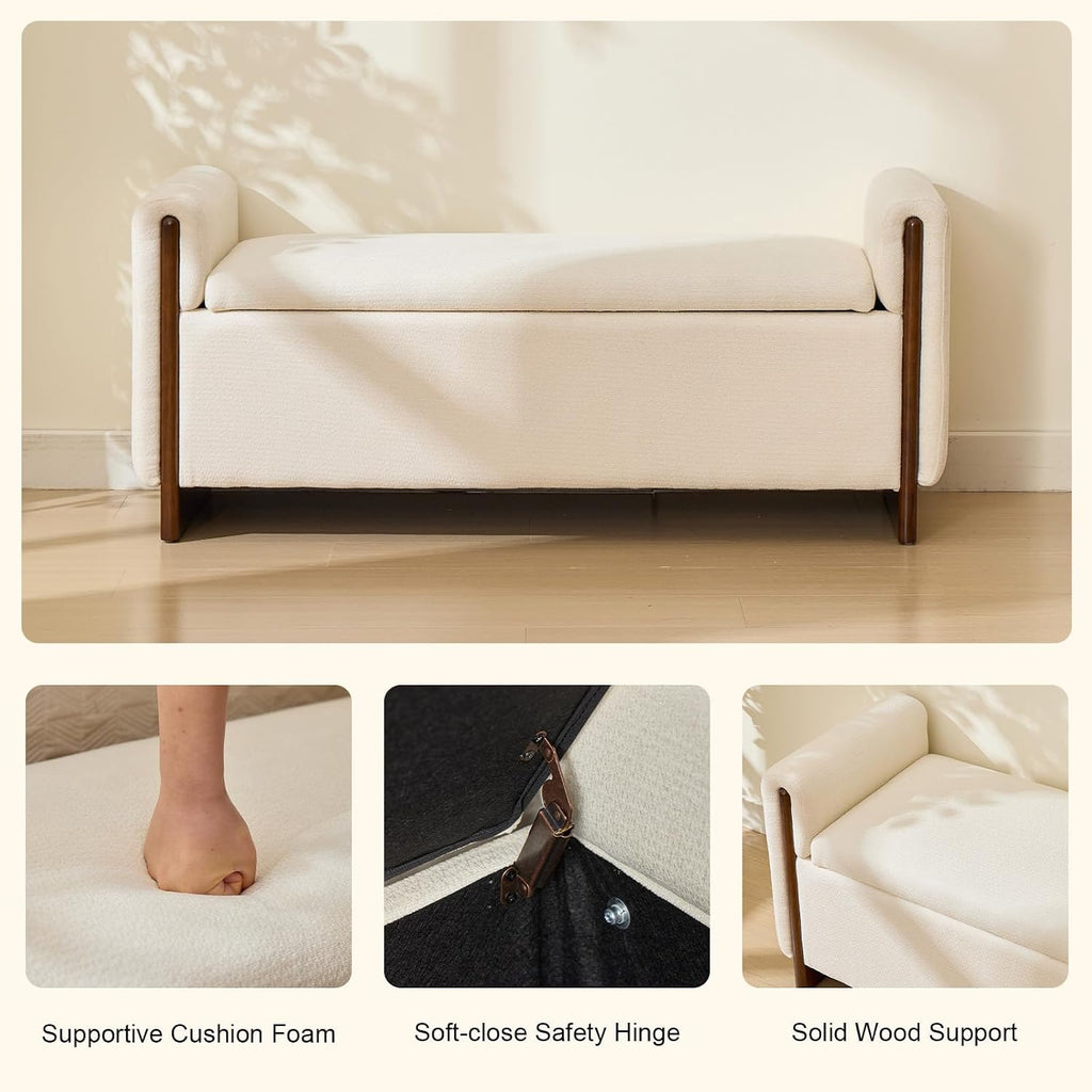 50.8 inch Storage Ottoman Bench with Armrests, Hidden Storage, Beige | End of Bed Bench, Bedroom Storage Bench