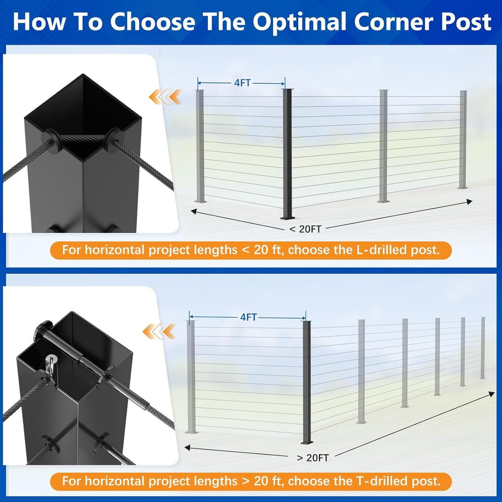 42" Modular Cable Railing Corner Post for Deck Porch, L-drilled
