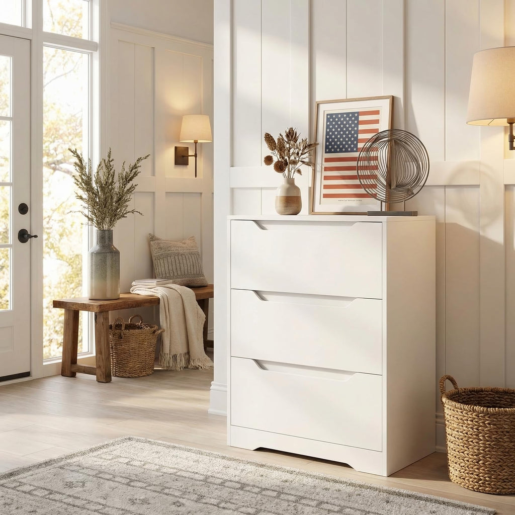 Modern 3 Drawers Dresser, Wood Chest of Drawers with Storage, White
