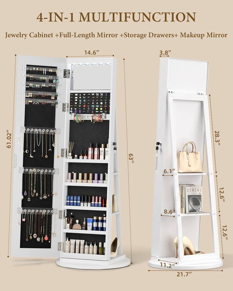 6 LEDs Jewelry Armoire with Frameless Full-Length Mirror, White