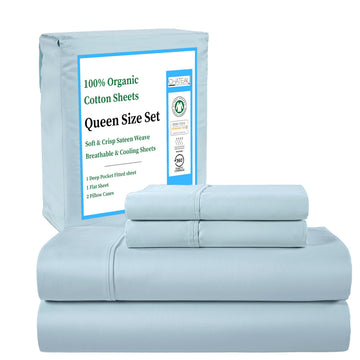 100% Organic Cotton Sheets Bed Set, Sateen Weave - Light Blue