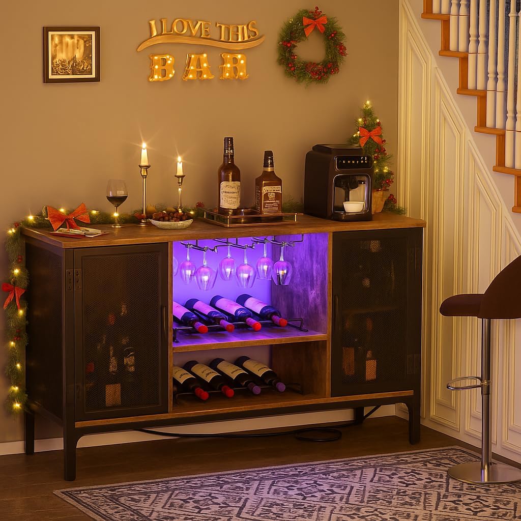 Wine Bar Cabinet with Power Outlets & LED Lights, Rustic Brown | Industrial Coffee Bar Cabinet with Wine Rack Bar