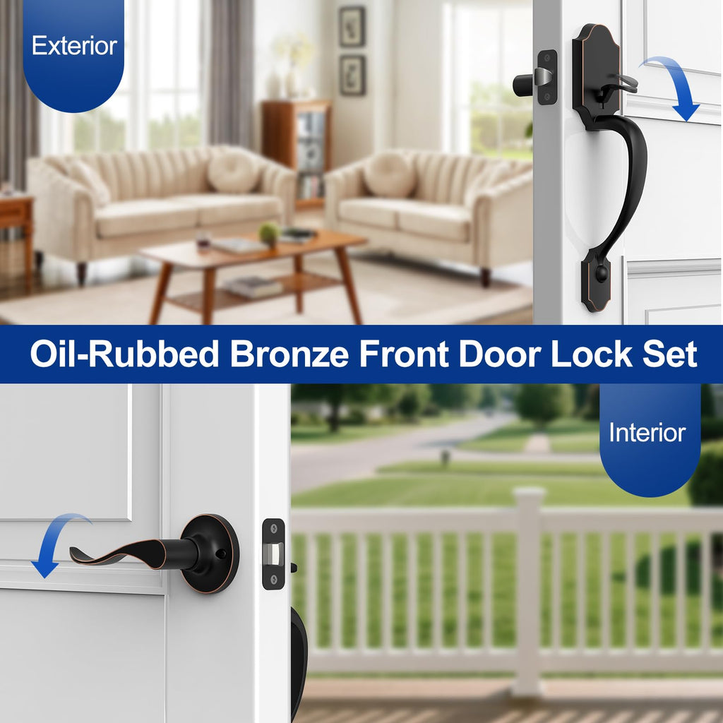 Front Door Handle No Lock, Oil-Rubbed Bronze Entry Door Lock Set with Reversible Handle, Exterior Door Lock Set