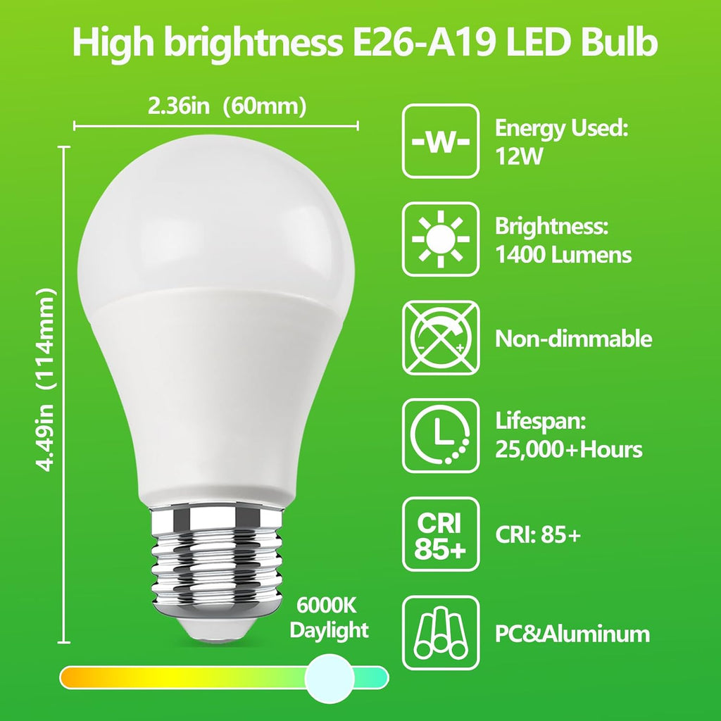 A19 LED Light Bulb 6500K Daylight,12W(100 Watt Equivalent), Not Dimmable 1400LM AC120V, E26 Medium Base LED Globe