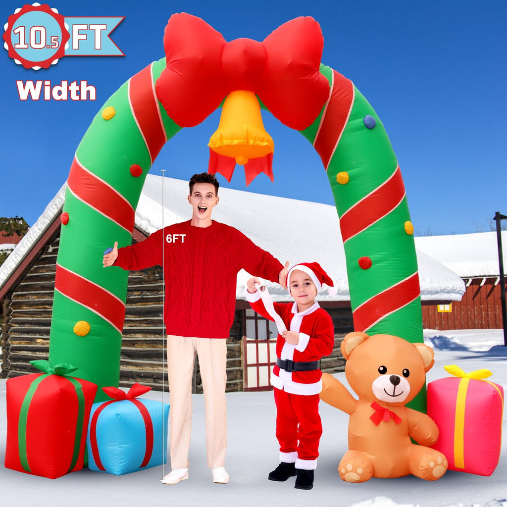 10FT Christmas Inflatable Outdoor Decorations Candy Cane Christmas Archway Inflatables with Bow Bells Bear Gift Box