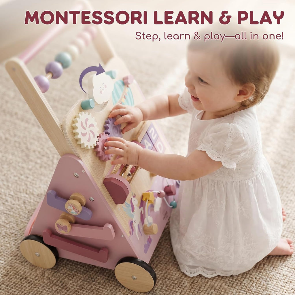 Unicorn Wooden Baby Walker, Adjustable Speed Baby Push Walker