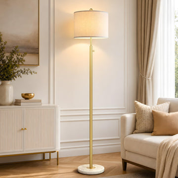 Dimmable Gold Floor Lamp, Turkish Marble Base, White Linen Shade