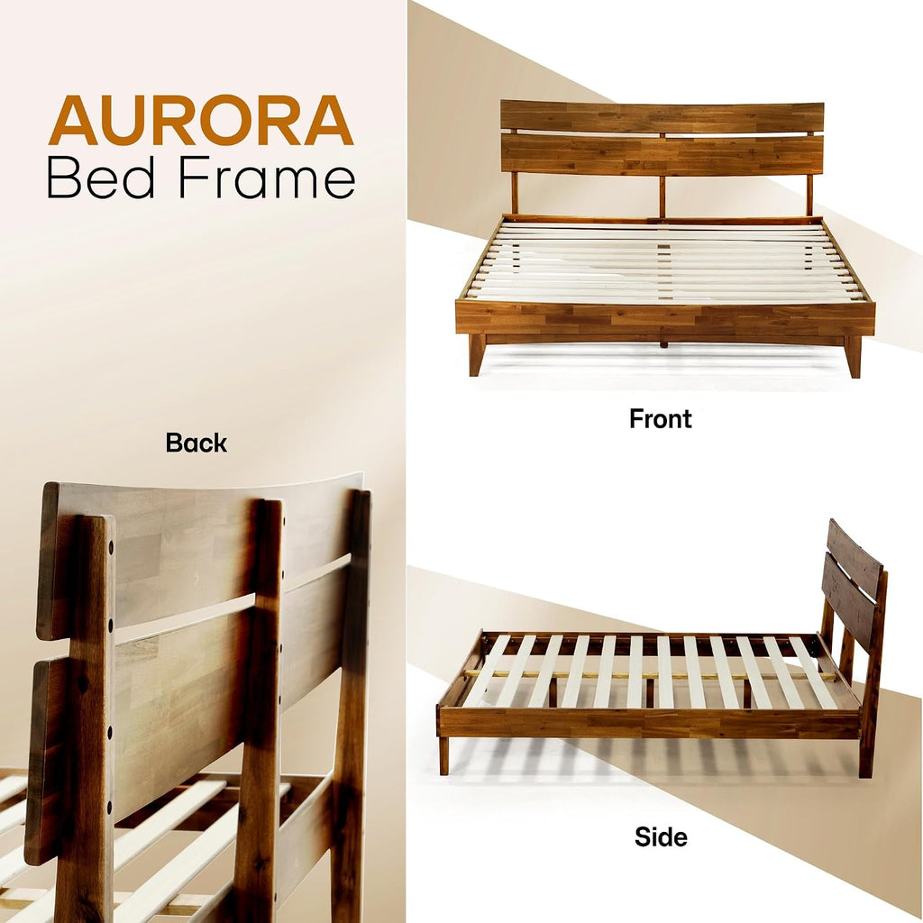 Aurora Solid Wood Queen Platform Bed Frame with Headboard, Walnut