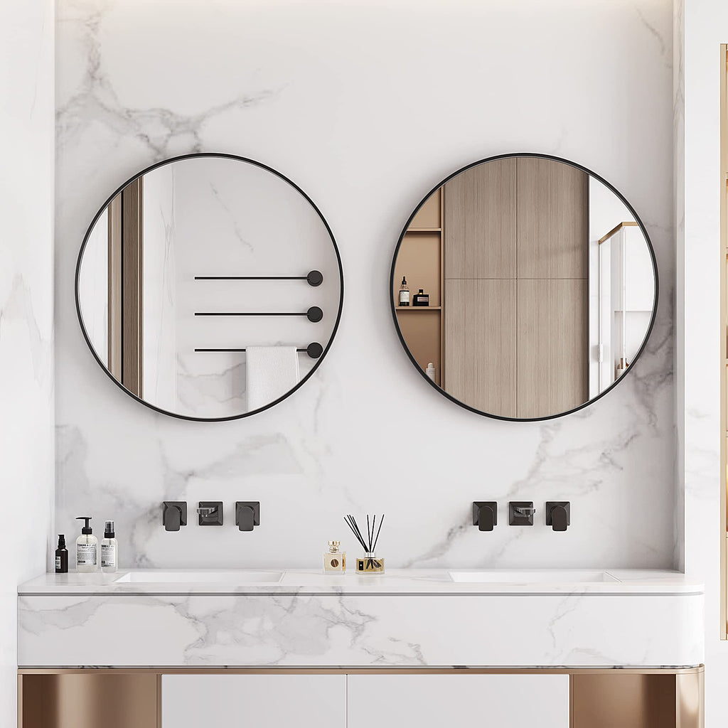 Round Metal Wall Mirror, 36 Inch, Black Frame Bathroom Mirror