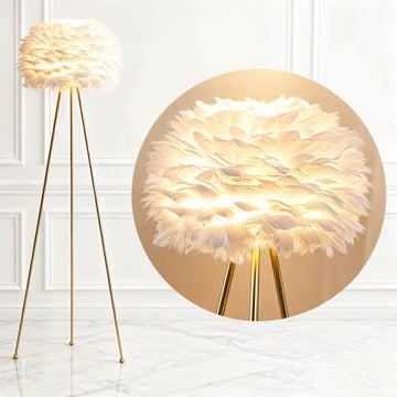60" Feather Floor Lamp, Tripod Floor Lamp with White Feather Shade, Modern Brass Gold Standing Light s Dining Room