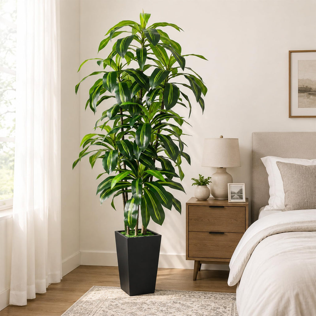 7FT Artificial Dracaena Tree, Fake Tree Indoor with Black Tall Planter, Tall Artificial Plants Indoor, Artificial Silk
