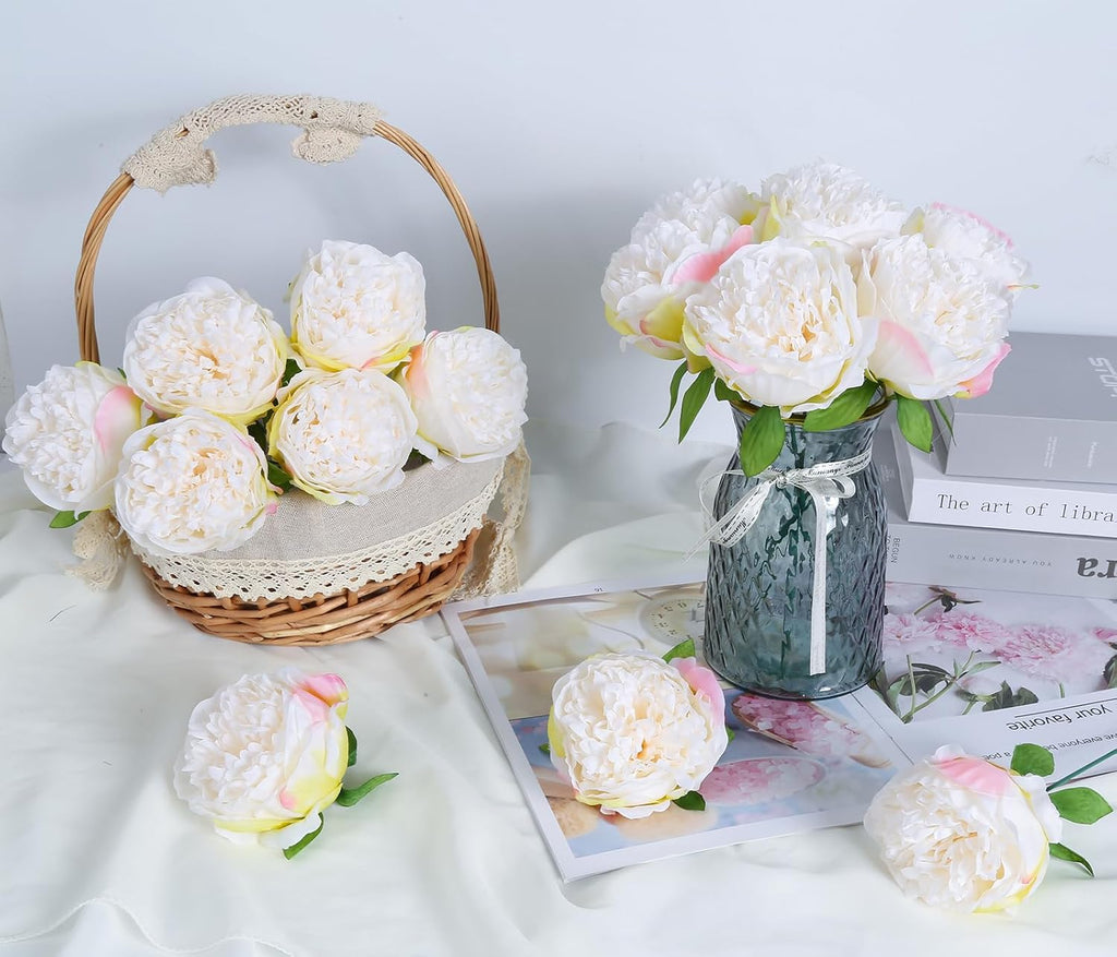 Peony Artificial Flowers Fake Peonies Bulks Cream White Silk Peonies Flowers Faux Peony Flowers Heads - Set of 16