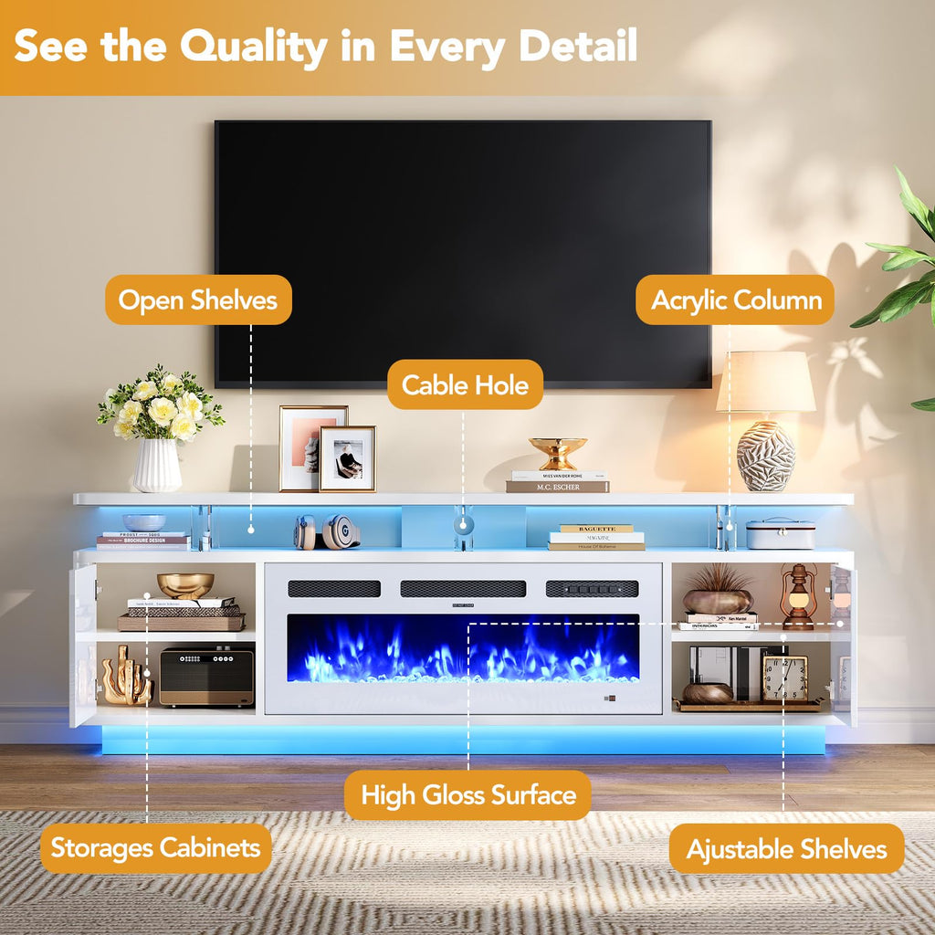 70", 36" Electric Fireplace with Adjustable Flames & Double LED Lights, Remote Control, Storage Cabinet with High