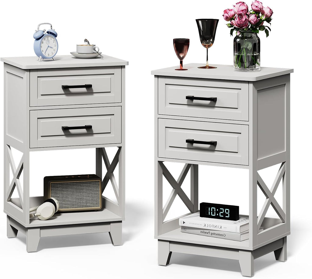 Nightstand Set of 2, 30" Tall Side Table with 2 Drawers and Open Shelf, Bedside Table with Solid Feet, Modern Night