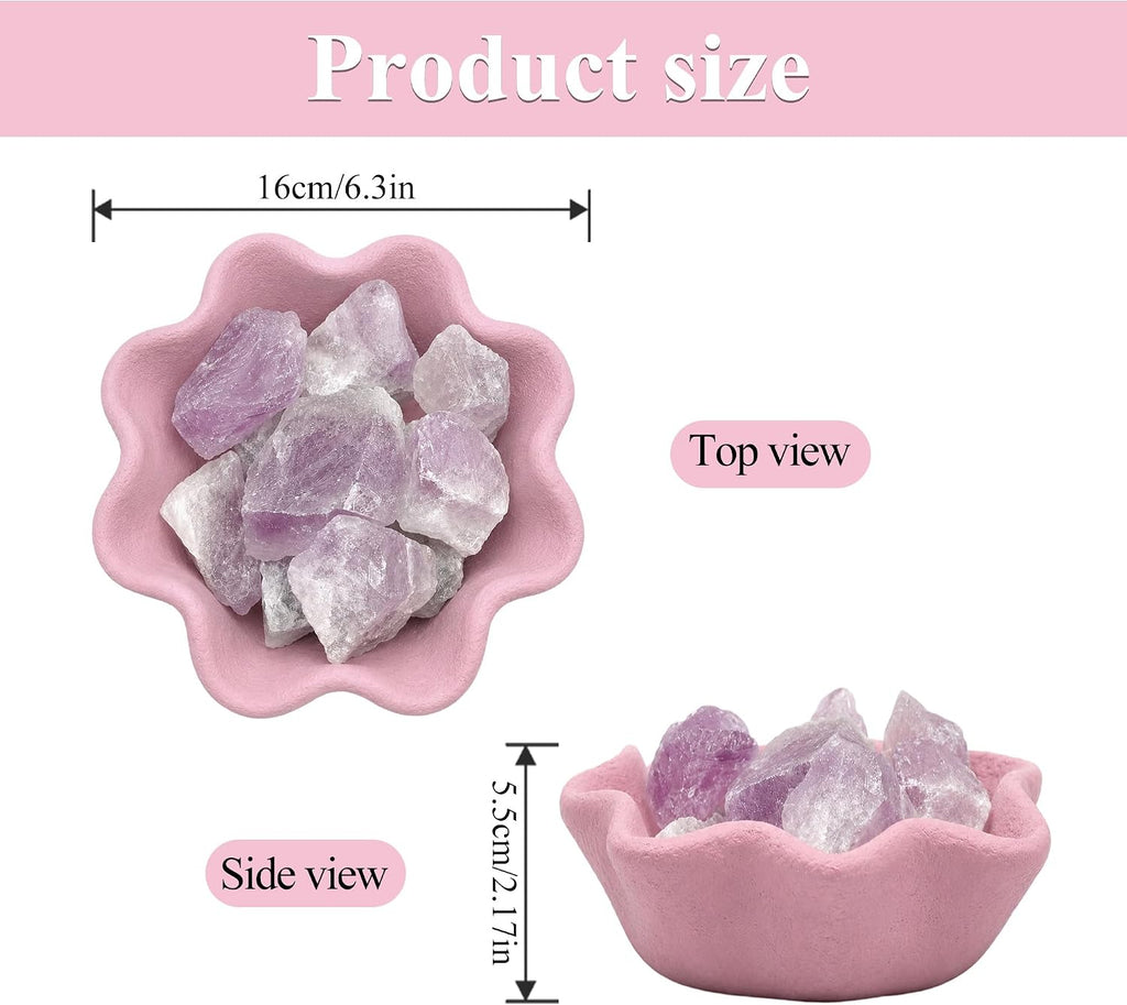 Blush Petal Cement Candle Vessel with 7 Crystal Stones - Handmade Petal-Shaped Matte Cement Bowl in Blush Pink