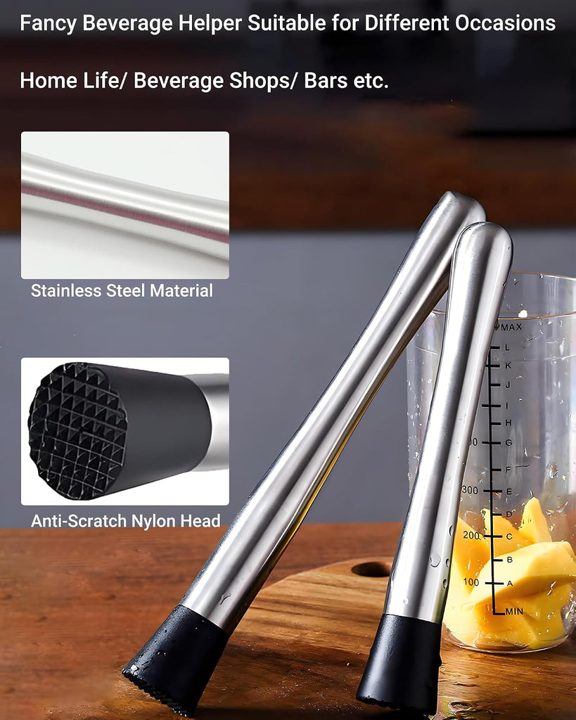 8"Stainless Steel Muddler, 10"Mixing Spoon & Jigger for Cocktails - Set of 3