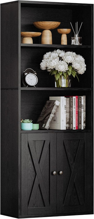 Industrial Bookshelves and Bookcases with Doors 11.8 in Depth Floor Standing 5 Shelf Display Storage Shelves Tall