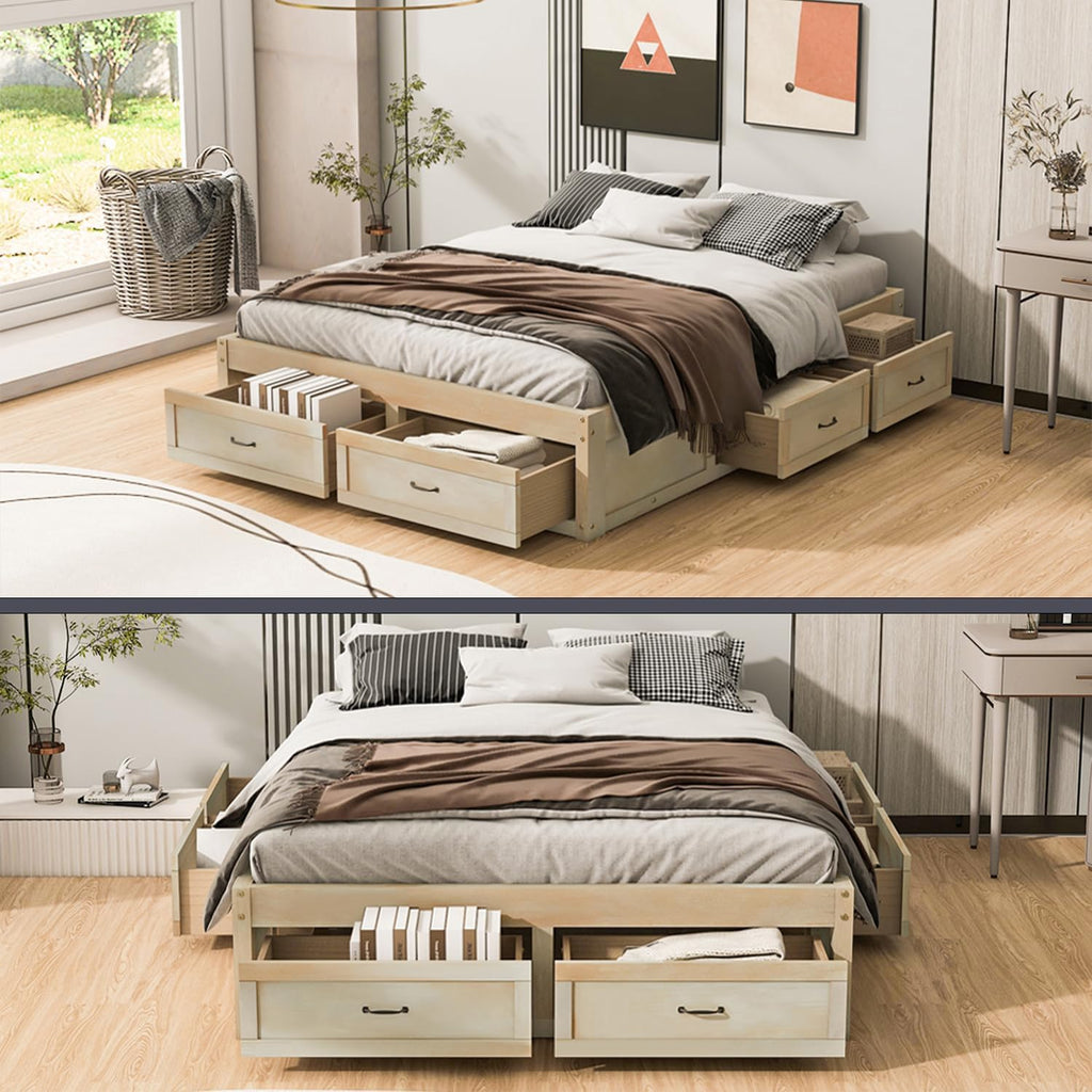 Japanese Low Platform Wooden Bed Frame with 6 Antique Natural Storage Drawers, Farmhouse Floor Beds