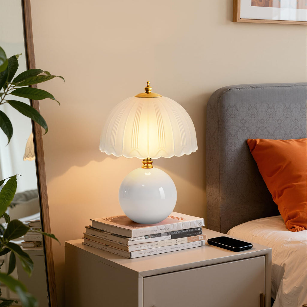 Mushroom Table Lamp, Ceramic Bedside Lamp with Glass Shade, 3-Way Lighting (2700K-5000K) Rocker Switch, Small