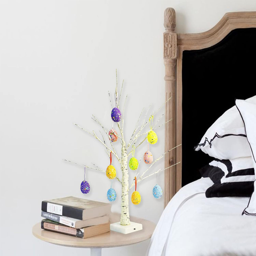 Easter Decorations 24 Inch Pre-lit White Birch Tree with 10 Hanging Easter Egg Ornaments, 24 Led Lights Battery
