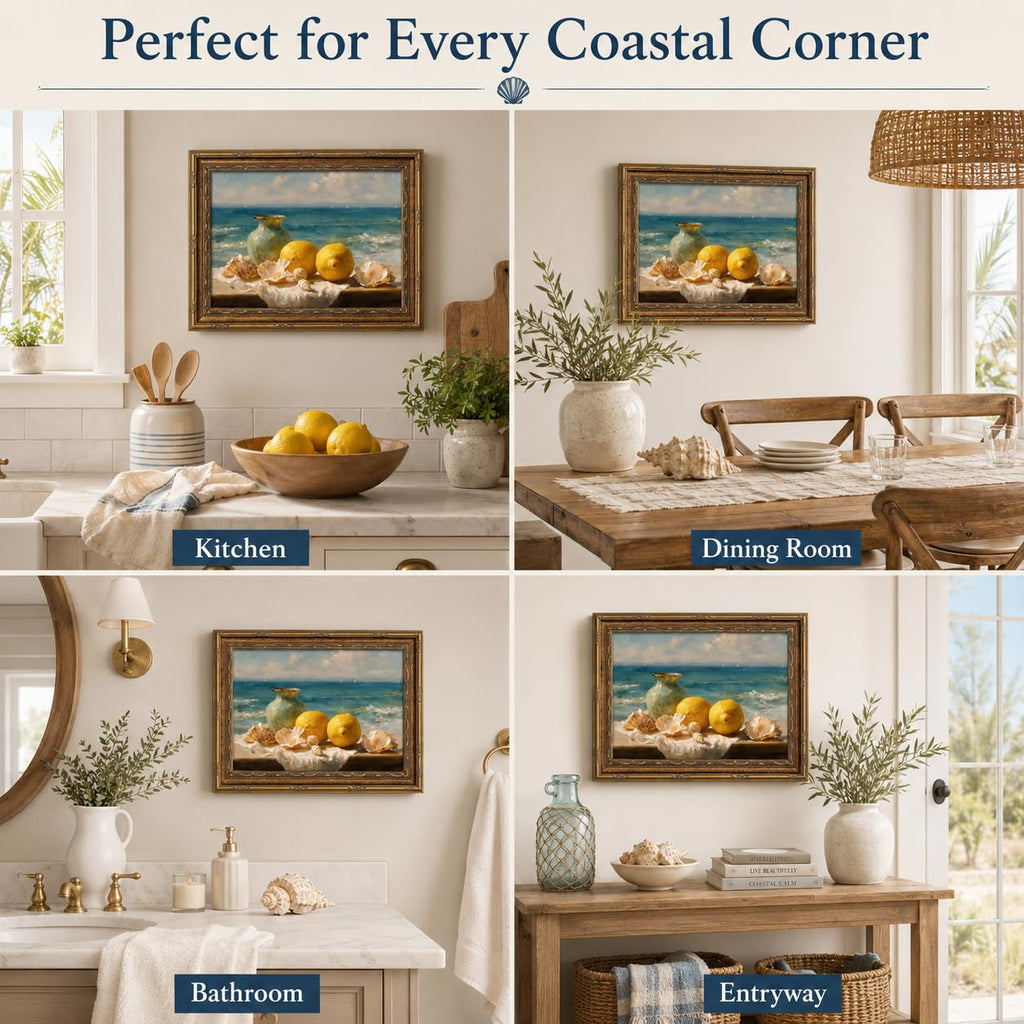 Vintage Gold Framed Lemon Seashell Coastal Canvas Wall Art 12x16 In