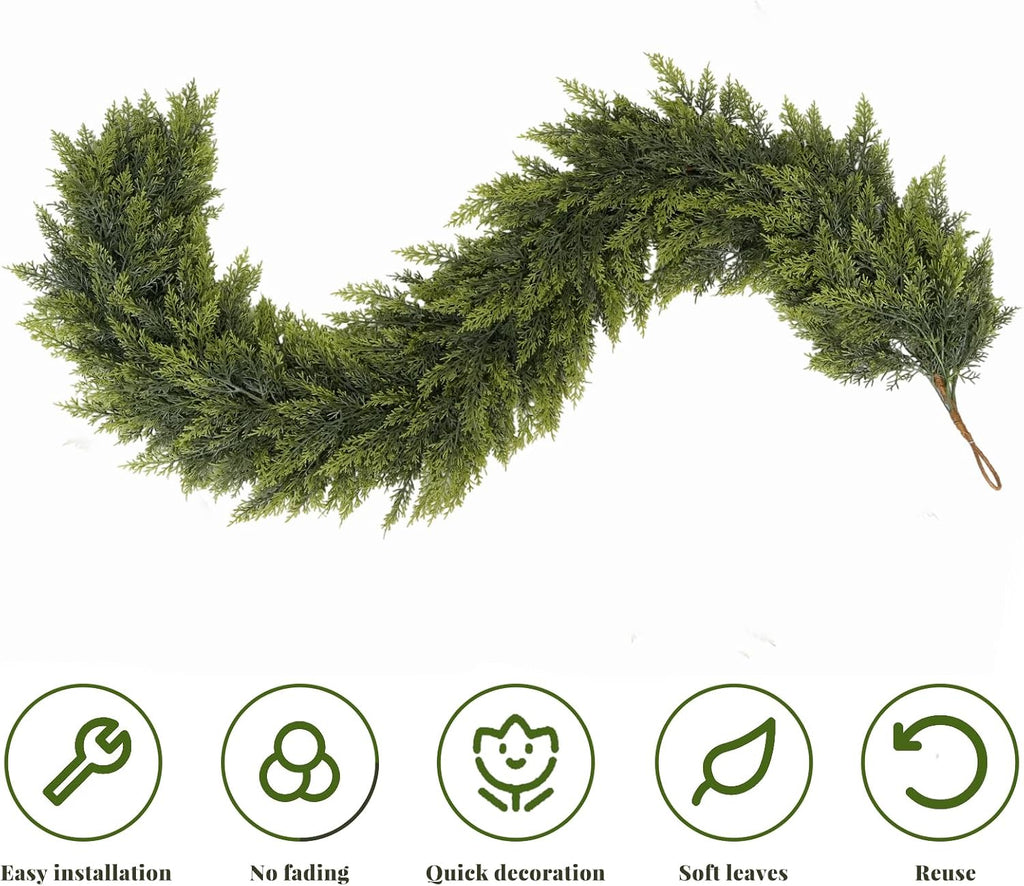 2 Pcs 6FT Christmas Garland, Christmas Decorations, Real Touch Cedar Garland, Artificial Cypress Garlands for Mantle