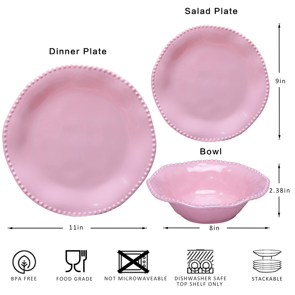 Pink Beaded Melamine Dinnerware Set, 12pcs Dots Plate and Bowl Set
