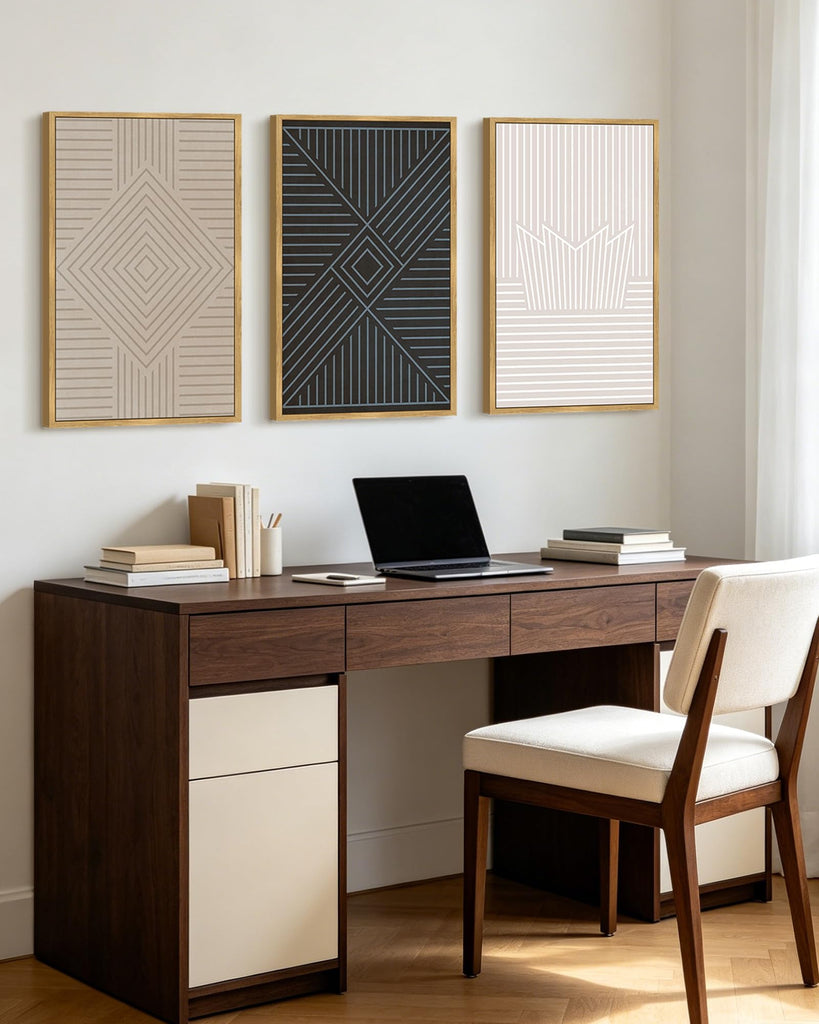Minimalist Abstract Bohemian Framed Wall Art Modern Boho Neutral Line Wall Decor Geometric Artwork Bedroom Dining