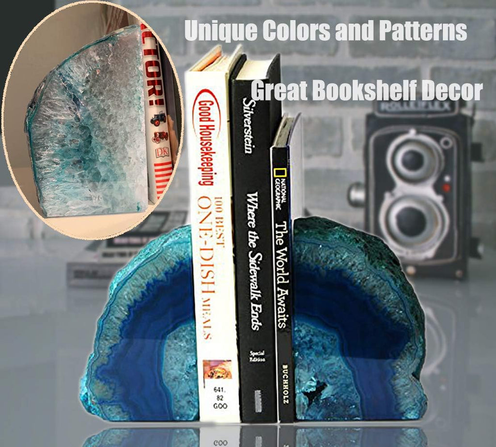 Agate Bookends Geode Book Ends Heavy Duty Bookend Holder Decor with Rubber Bumpers 2-3 LBS Small 2 Pairs Teal and Nature