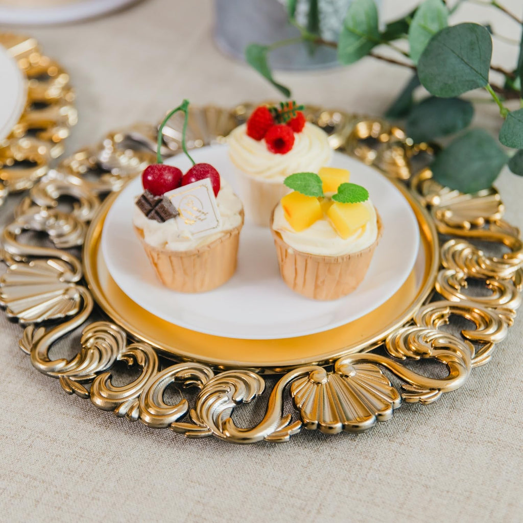 13in Charger Plates- Antique Gold Chargers for Dinner Plates- Round Plastic Hollowed Plate Charger - Set of 12