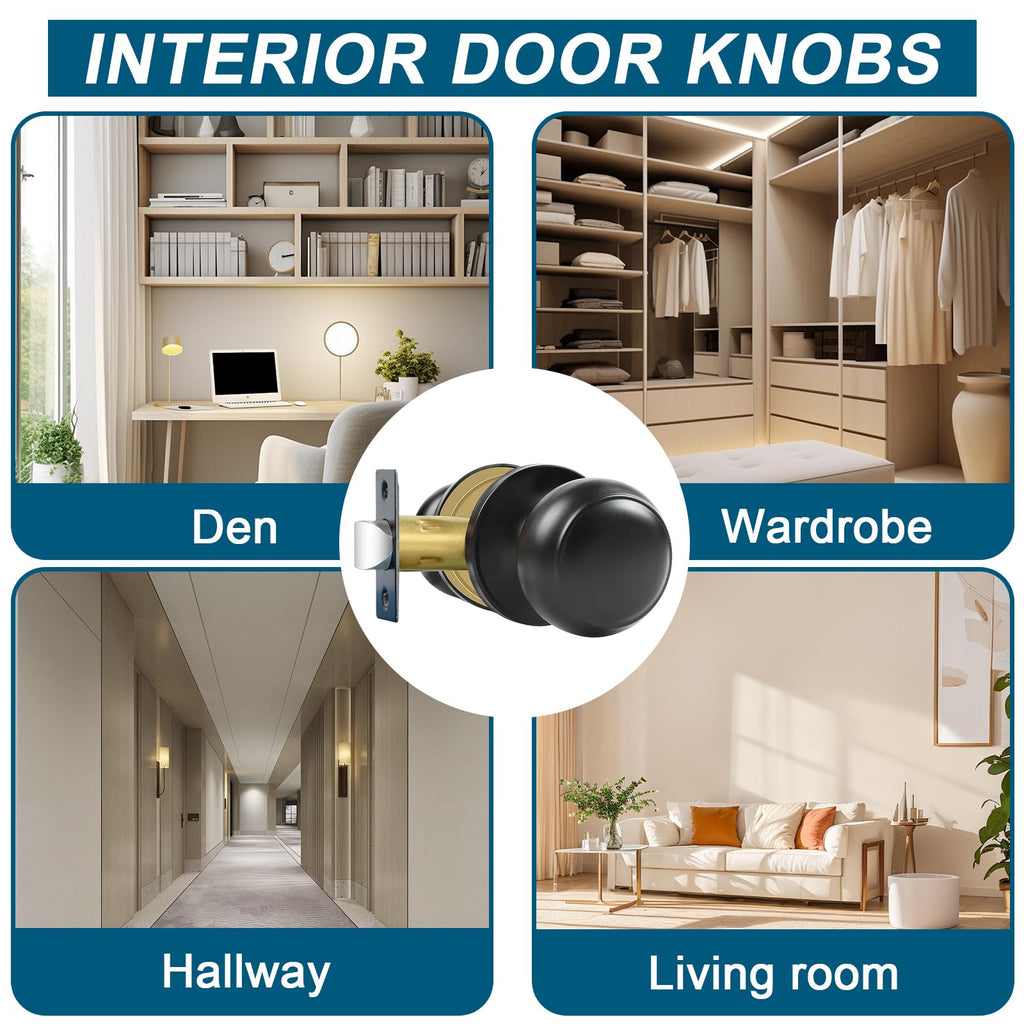 Passage Door Knobs, 5 Pack Matte Black Door Knobs, & Closet Non-Locking Interior Round Door Handles Keyless