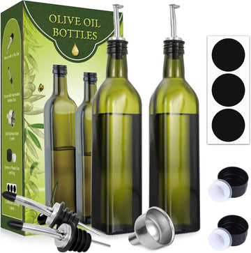 17 oz Glass Olive Oil Dispenser Bottle Set - 500ml Dark Green Oil & Vinegar Cruet Bottle with Pourers, Funnel - Set of 2