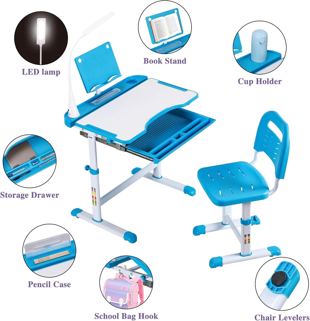 Kids Study Desk and Chair Set, Height Adjustable Children's Desk with LED Lamp, Tilting Desktop, Pull-Out Drawer