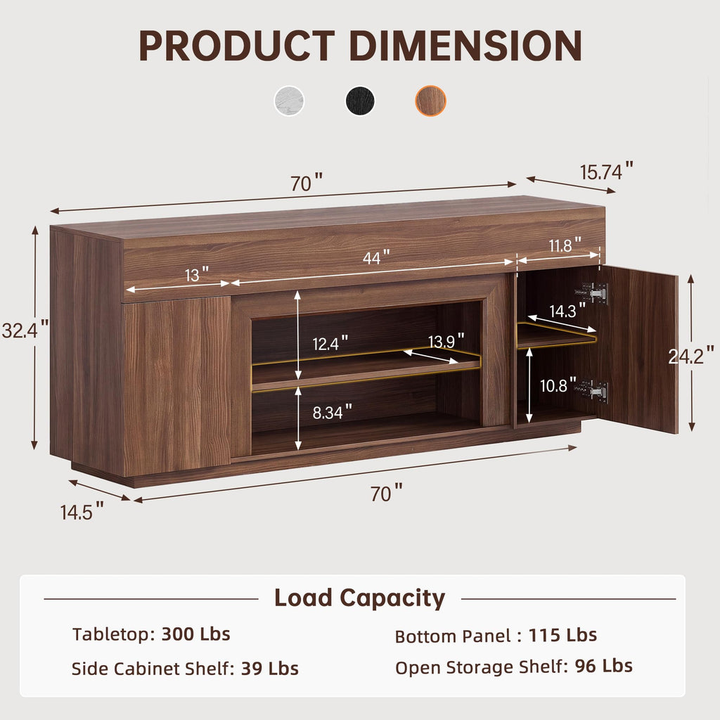 70" Modern TV Stand for TVs Up to 80", Thick Media Console, Walnut