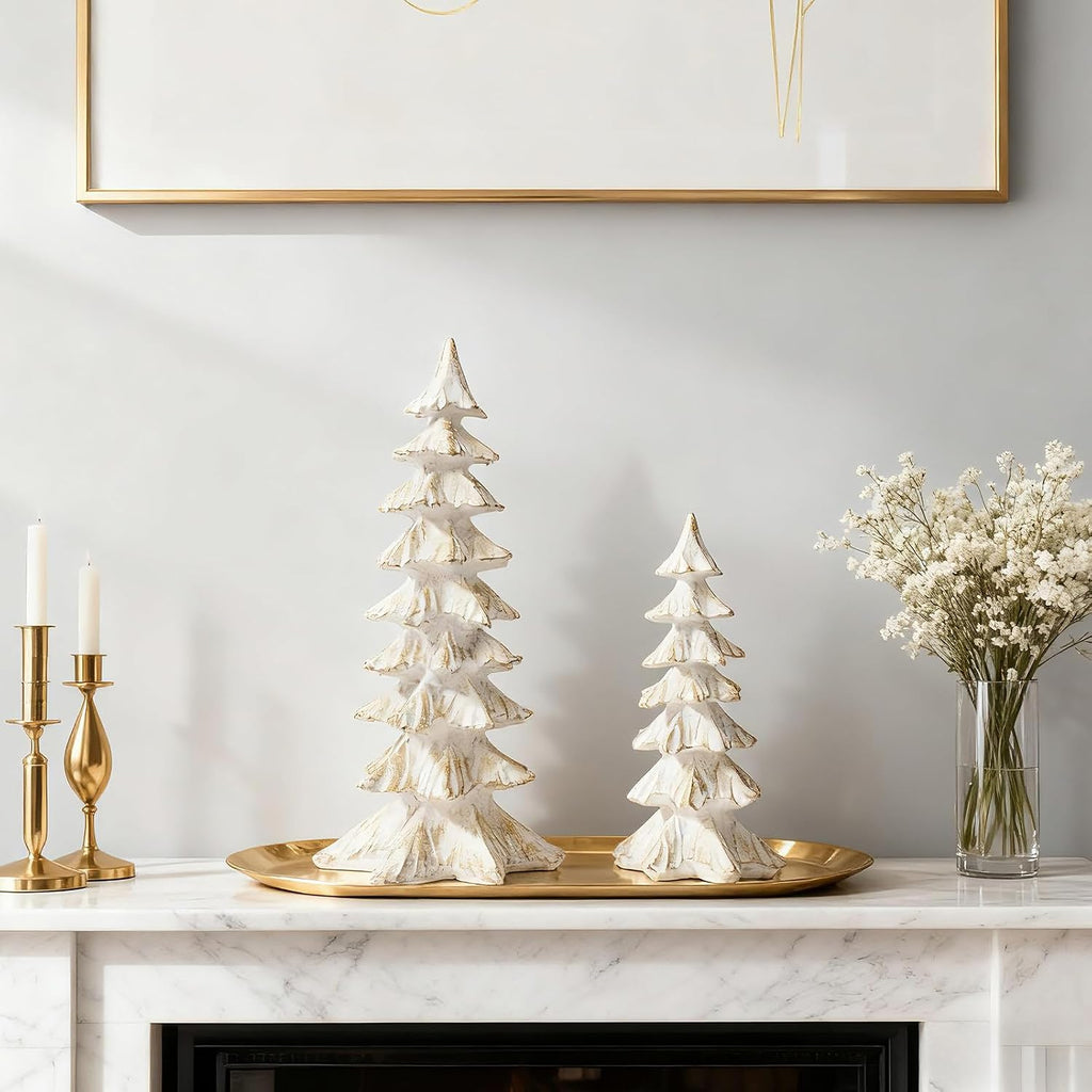White and Gold Christmas Tree Figurines, Tabletop Decor