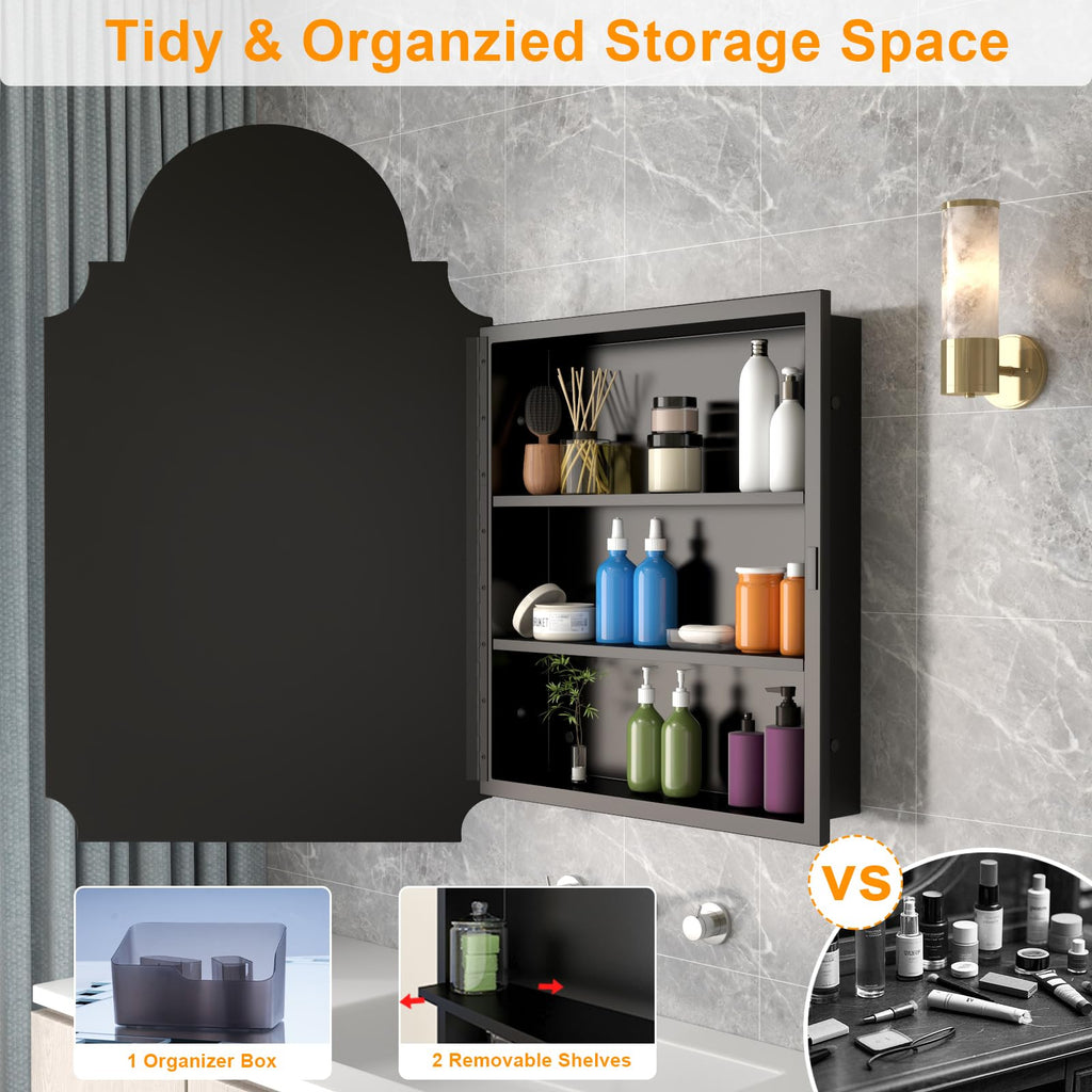 Black Decorative Medicine Cabinet Mirror, 20"x32" Recessed or Surface Mount Metal Irregular Medicine Cabinet