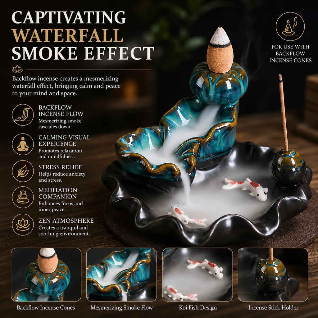 Ceramic Waterfall Backflow Incense Burner Holder, Home Aromatherapy Decoration Ornament with 30 Backflow Incense - Set of 54