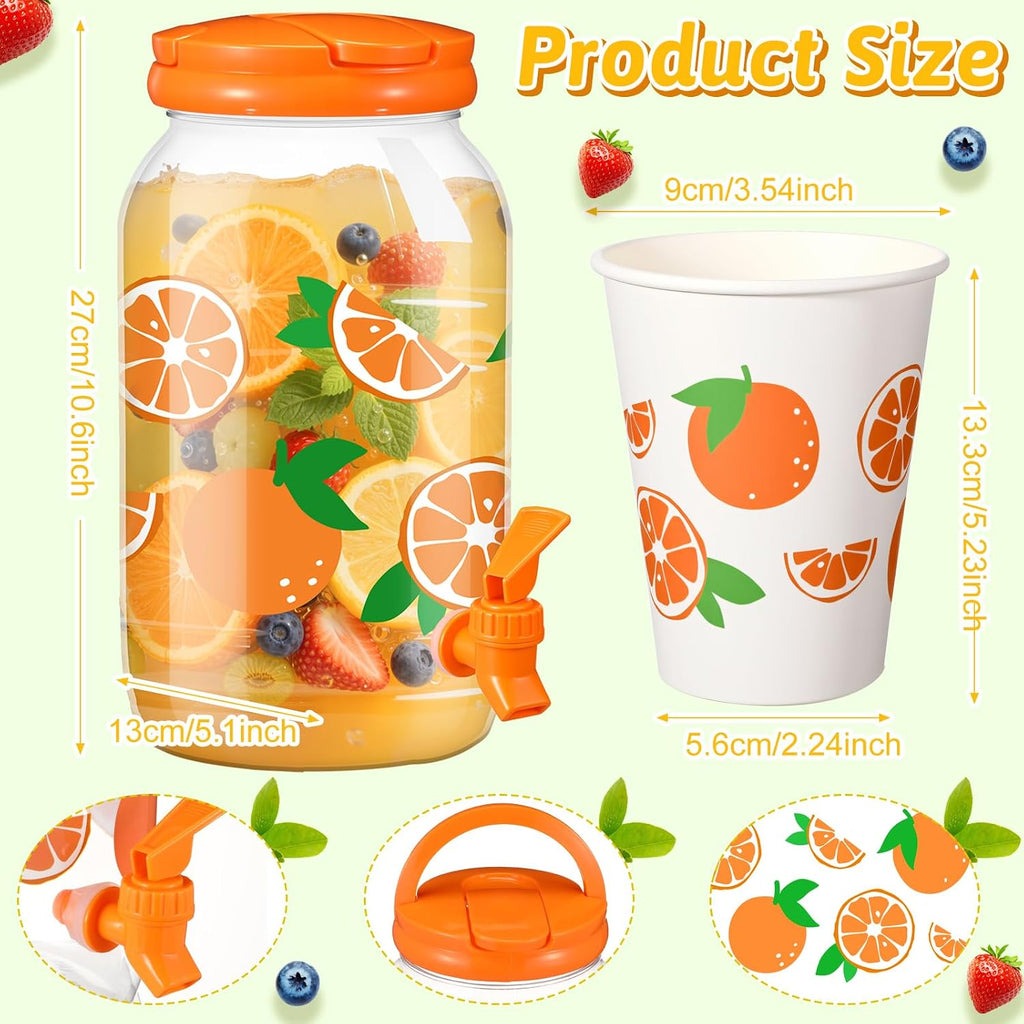Tree Clear Plastic Drink Dispenser with 12 oz Tropical Paper Cups 1 Gallon Kitchen Fridge Beverage Dispenser - Set of 20