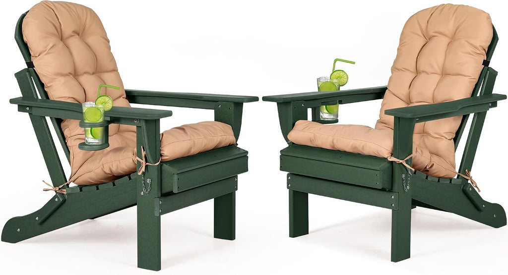 Folding Adirondack Chairs Set of 2 with Cushion with Cup Holder, HDPE Plastic Oversized Patio Chair Weather