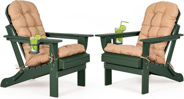 Folding Adirondack Chairs Set of 2 with Cushion with Cup Holder, HDPE Plastic Oversized Patio Chair Weather